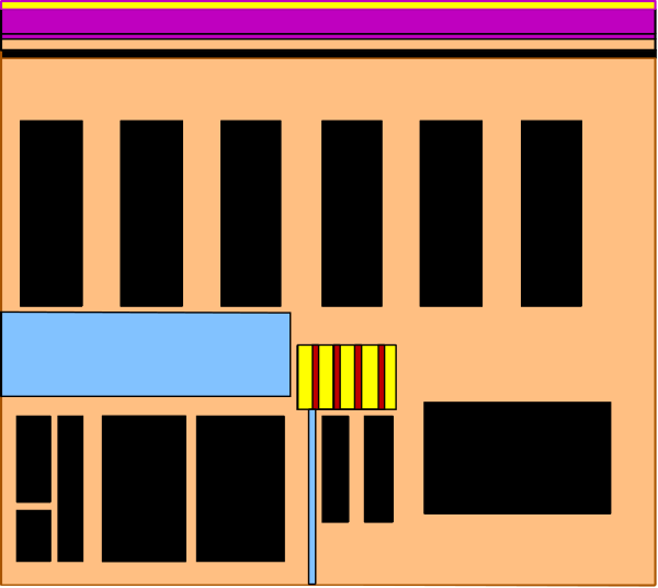 The image shows a simple black and white pixelated representation of an old building with multiple windows on its facade, featuring what appears to be storefronts at ground level under a flat roofline.