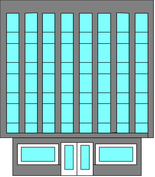 The image shows a stylized depiction of an elevator with blue walls inside it; there is no visible floor outside the doors which appear to be closed in this viewpoint.