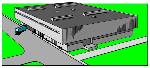 The image shows a two panel comic strip featuring an industrial building with multiple levels of windows on both sides; it is depicted in black-and-white line drawing without coloring.