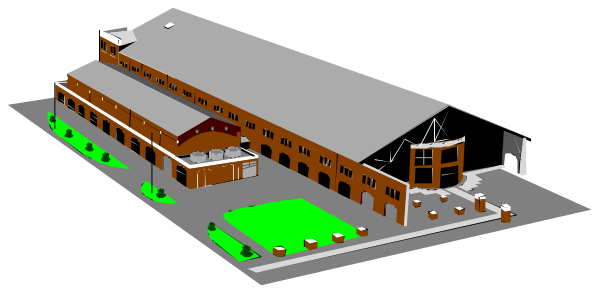 The image shows a computer rendering of an empty school building with no visible details about its interior or exterior features such as windows, doors, furniture, etc., set against a plain background that does not provide any context for location or time period.