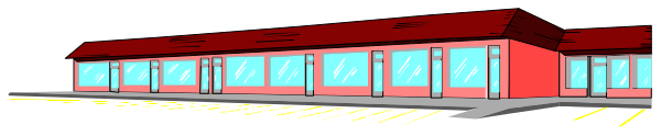 The image shows a red building with white trim that appears to be an office or storefront at nighttime under overcast skies; there is no visible activity in front of it due to its stillness.