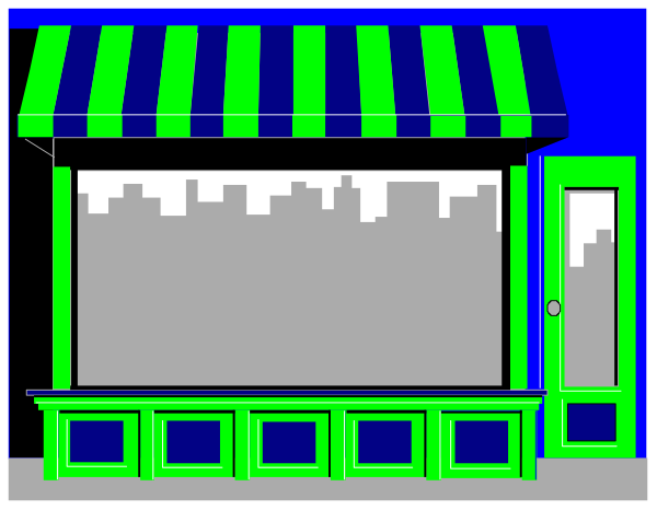 The image shows a stylized storefront with green trim around windows and doors, featuring an open sign on top of a blue canopy over two display cases in front of it; there is no text present to provide additional context about location or business type.