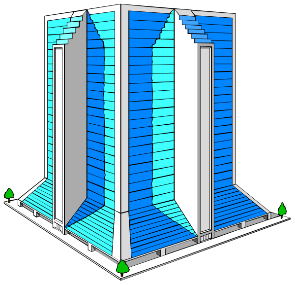 The image shows a three-dimensional rendering of an office building with multiple floors featuring blue walls on each side, set against a black background that resembles space; there is no text present in this clip-art illustration.