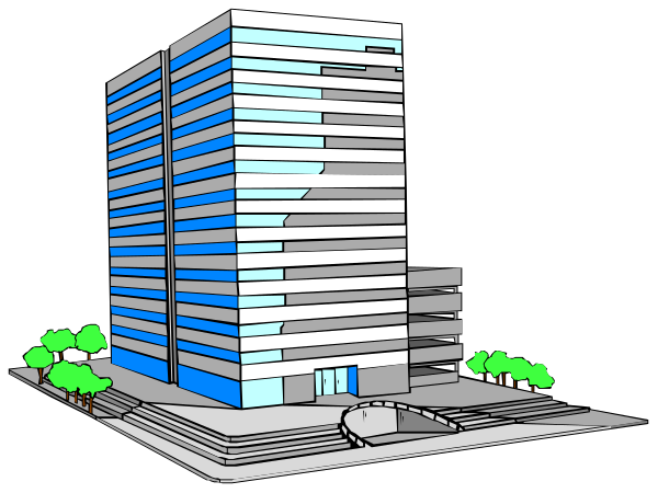 The image shows a stylized illustration of an office building with multiple floors against a dark background at nighttime; there is no visible activity in front of it due to its stillness.