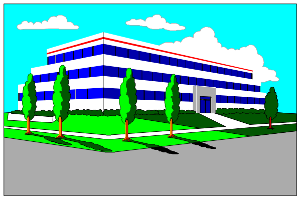 The image shows a two panel comic strip featuring an office building with trees around it on both panels; there is no text present in either frame to provide context for what's happening within them.