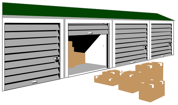 The image shows a storage unit with its door open revealing boxes inside; it is situated outdoors under an overcast sky on what appears to be a cloudy day.