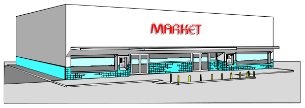 The image shows a collage of three different views: 1) A storefront with "MARKET" written on it; 2) An interior view showing shelves stocked with items; 3) Another exterior perspective, possibly from another angle than in part one or two. There are no people visible and the style is realistic but simplified for clarity rather than artistic effect. The setting appears to be a retail store environment.