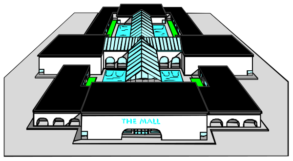 The image shows a black and white floor plan of an indoor shopping mall with various stores labeled on it.