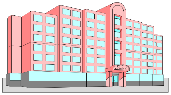 The image shows a pink building with white windows that has an entrance door on its left side under what appears to be a signboard above it.