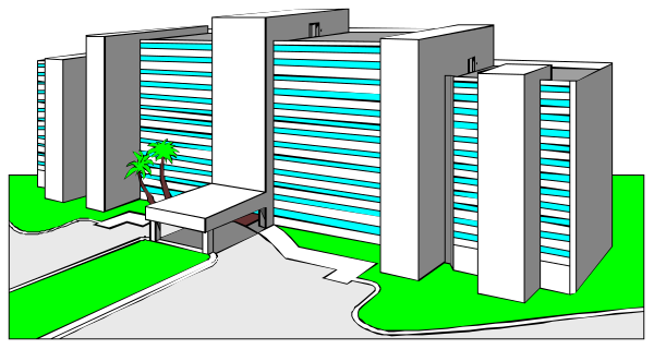 The image shows a colorful illustration of an apartment complex with multiple buildings featuring balconies on each floor under clear blue skies against a dark background.