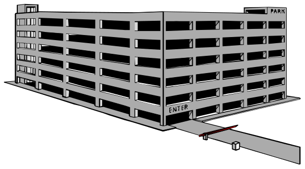 The black and white illustration shows a large parking garage with multiple levels of empty spaces under an overcast sky at nighttime.