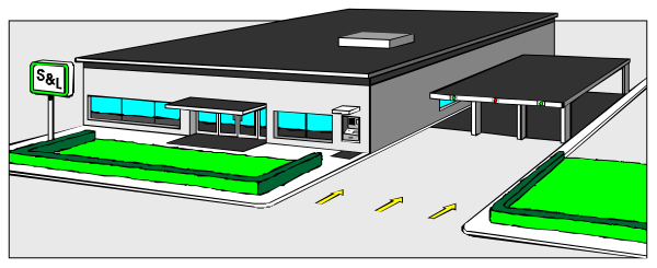 The image shows a black and white illustration of an exterior view of two buildings: on top is what appears to be a store with signage that reads "SAL" in large letters; below it is another building, possibly residential given its design features like windows and doors along one side. There's also a small car parked near the entrance of both structures.