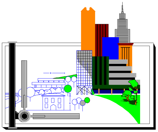 The image shows a stylized cityscape with various buildings of different heights against an urban skyline backdrop; there's also a small car on one side and what appears to be trees in front, suggesting it might represent a view from inside a vehicle looking out at the street scene below.