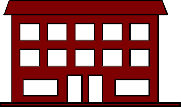 The image shows a pixelated representation of an old red brick building with white windows on its facade; there is no text present in this small clip-art illustration.