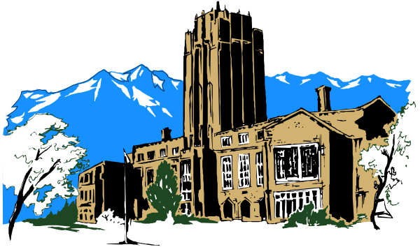 The image shows a stylized illustration of an old college building with mountains behind it under blue sky.
