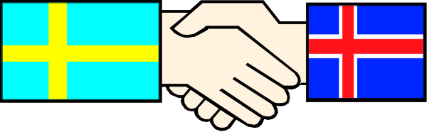 The image shows a pixelated representation of two hands shaking over three flags: blue for Norway, yellow with red crosses representing Sweden's flag, and white with black stripes symbolizing Finland's flag.