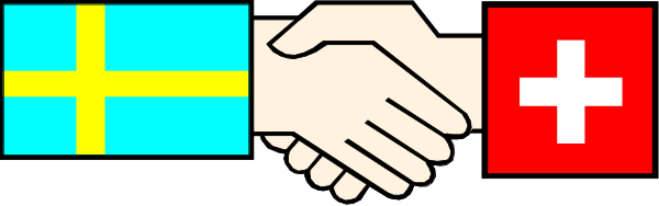 The image shows a pixelated representation of two hands shaking over three flags: Switzerland on top with its white cross symbolizing neutrality; in the middle is Sweden's blue-yellow flag representing Scandinavian values and cooperation, which includes peacekeeping efforts like those seen at the UN; below that are red and yellow stripes from Italy.