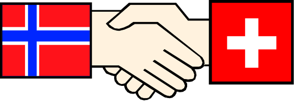 The image shows two hands shaking over a banner with flags of Switzerland on it, symbolizing unity between different countries represented by their national symbols.