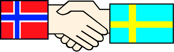 The image shows a pixelated representation of two hands shaking over three flags: Norway (white cross on blue), Sweden (yellow circle with red border inside it), and Russia (red white and blue stripes).