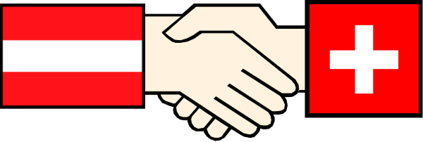 The pixelated image shows two hands with a peace sign gesture on each other's wrists against an indistinct background; one hand is wearing what appears to be Swiss flag attire while shaking another person who has their back turned, and there seems to be no visible text or additional context provided.