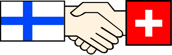 The image shows a pixelated representation of two hands shaking over three flags: Finland (white cross on blue), Switzerland (a white plus sign in red square) and Russia (red circle with white stars).