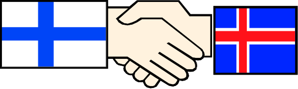 The image shows a pixelated representation of two hands shaking over three flags: Finland (blue), Norway (red white blue), and Sweden (yellow).