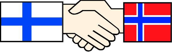 The image shows a pixelated representation of two hands shaking over three flags: Finland (white cross on blue), Sweden (yellow circle with red border around it), and Norway (red white and blue).
