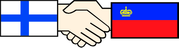 The image shows a pixelated representation of two hands shaking over three flags: Finland (white cross on blue), Russia (red white and blue stripes) and Romania (yellow tricolor).