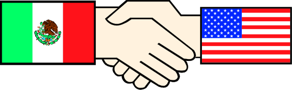 The image shows a pixelated representation of two hands shaking over three flags: American (USA), Mexican (MEXICO), and Spanish (ESPAÑA).
