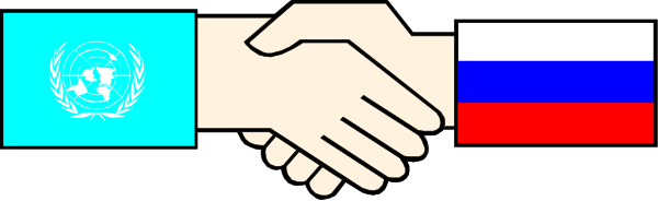 The image shows a pixelated handshake between two figures with flags of Russia on their sleeves standing next to each other in front of three more national flag icons: one resembling Ukraine's blue, yellow and red tricolor; another that appears similar to Germany or France due to the colors but without any distinctive markings; and a third featuring what seems like an Asian design. The background is plain gray with no additional details visible in this small clip-art image.