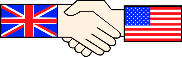 The image shows a stylized depiction of two hands with flags on their fingers - American flag on left hand and British Union Jack on right hand shaking over an abstract background that resembles a ribbon, possibly symbolizing unity between nations.