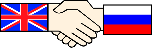 The image shows a pixelated representation of two hands shaking over three flags: British (UK), Russian Federation (Russia), and Ukraine; with text "UNITY" in between them on what appears to be an electronic display screen, suggesting international cooperation or agreement among these countries.