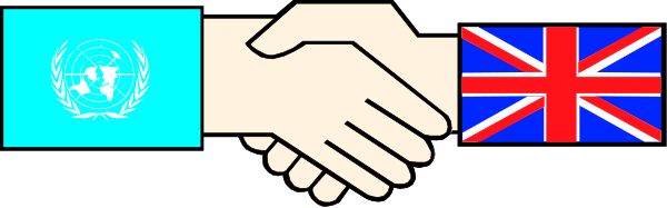 The image shows a pixelated representation of two hands shaking over three flags: UN, UK (represented by Union Jack), and EU (European Union).