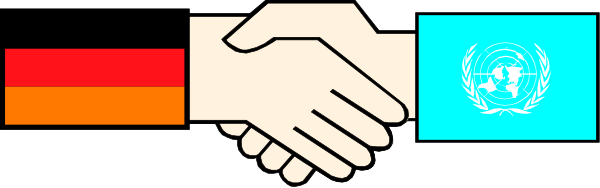 The image shows a pixelated representation of two hands shaking over an abstract blue flag with white stripes on either side, symbolizing unity between different entities; there is no text present in this clip-art illustration.