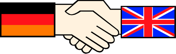 The image shows a pixelated representation of two hands shaking over flags from different countries: Germany (black), France (blue white red), England (red cross on white background), Italy (green yellow orange brown black).