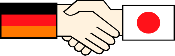 The image shows two hands shaking over a flag with red stripes on either side of white stars against blue backgrounds; there is also an orange ribbon across both flags at their intersection point where the hands meet, and in front of this symbolic act stands another hand holding up what appears to be a peace sign.