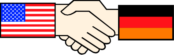 The image shows a pixelated representation of two hands shaking with an American flag on it to their left side and German flags in front of them forming a peace sign.