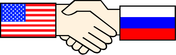The image shows a pixelated depiction of two hands shaking over three flags: American (USA), Russian (Russia), and Ukrainian (Ukraine).
