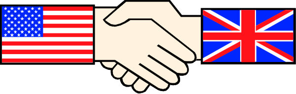 The image shows a stylized representation of two hands shaking over three flags: American (USA), British Union Jack (UK) with an additional flag that appears to be European Union (EU).