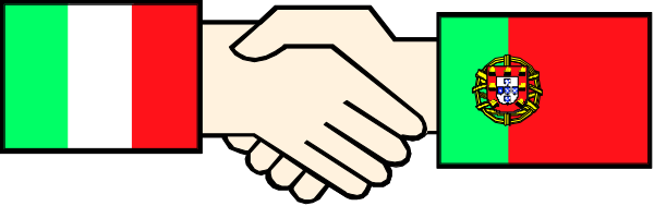 The image shows two hands shaking over a flag with multiple stripes representing different countries; there is no text present within this small clip-art image.