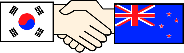 The image shows a pixelated representation of two hands shaking over three flags: Japan (white with red circle), South Korea (blue on white), and New Zealand (silver fern).
