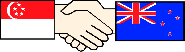 The image shows a pixelated representation of two hands shaking over three flags: Singapore's flag on top with its lion symbol visible; in the middle is New Zealand's silver fern emblem; at bottom, there's an Australian kangaroo and Union Jack design.