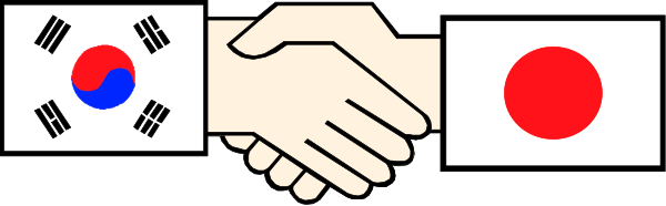 The image shows a pixelated depiction of two hands clasped together with flags from South Korea on their wrists forming an "X" shape in front of them; there is no background detail provided.