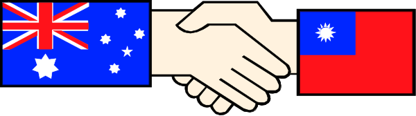 The image shows a pixelated representation of two hands shaking over three flags: Australia (with its distinctive kangaroo), China with red flag symbolizing communism, and New Zealand's silver fern emblem on black background.
