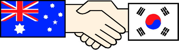 The flag of Australia with a handshake between two hands holding flags from South Korea (Korean Taegukgi) and Japan (Nippon).
