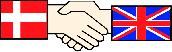 The image shows a pixelated representation of two hands shaking over three flags: British (UK), French (France), and German (Germany).