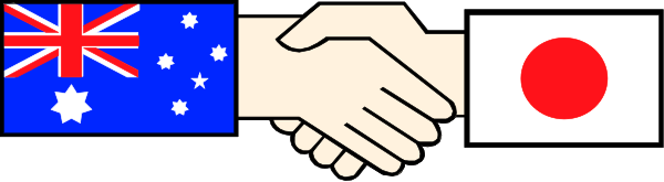 The image shows a pixelated representation of two hands shaking over three flags: Australia (with its coat of arms), Japan, and New Zealand; with an additional flag that appears to be from another country on top.