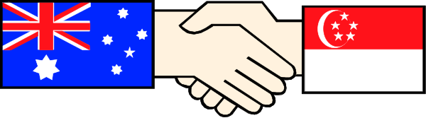The image shows a pixelated representation of two hands shaking over three flags: Australia (represented by its coat-of-arms), Singapore (with an emblem that includes a lion rampant on one side and what appears to be a bird, possibly a stylized eagle or parrot, on the other) and Indonesia.