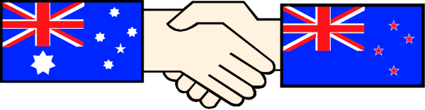 The image shows a pixelated representation of two hands shaking over three flags: Australia (on left), New Zealand (in middle) with their respective national symbols - kangaroo for Australia and kiwi bird for NZ, and Canada on right side.