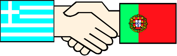 The image shows two hands shaking over a flag with multiple stripes representing different countries; there is no text present on this small clip-art image.